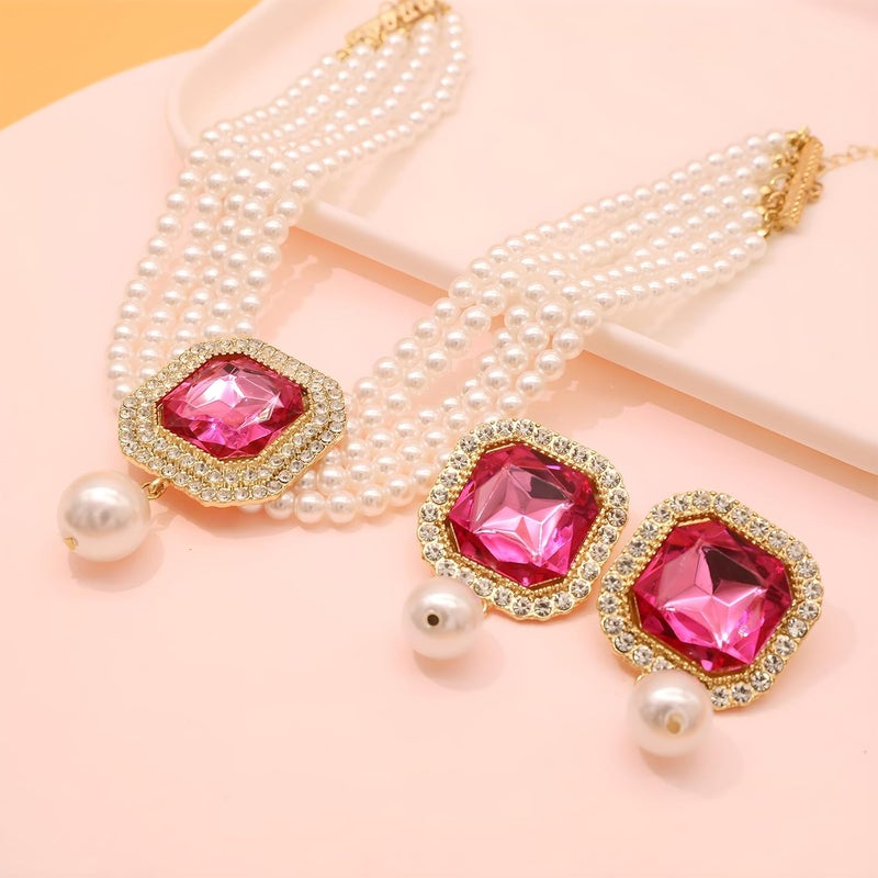 CIOOU Pearl Choker Necklace for Women Gold Crystal Rhinestone Pearl Collar Statement Necklaces Earrings Bridal Pearls Diamond jewelry Set for Wedding - Image 2